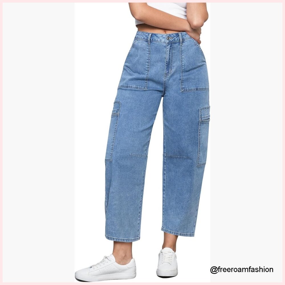 High Waisted Cropped Cargo Jeans Wide Leg Tapered Stretch Denim Pants